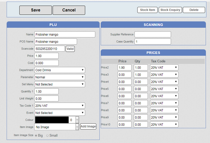 PLU screen - Stock Control